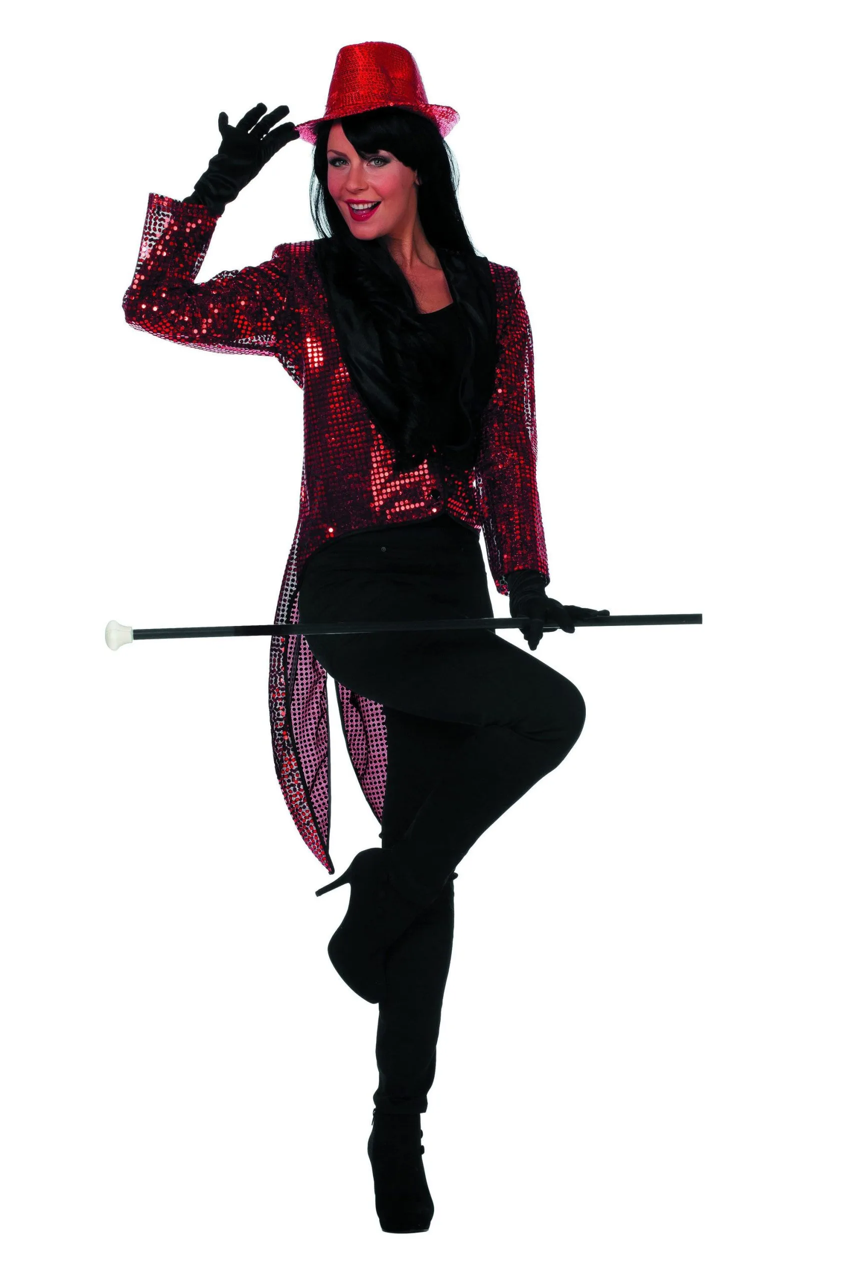 Rode Directrice Paillettenfrack Vrouw Kostuum 1 Rode Directrice Paillettenfrack Vrouw Kostuum