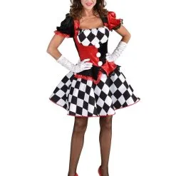 Potsenmaker Harlekijn Zwart Witte Ruitjes Vrouw Kostuum